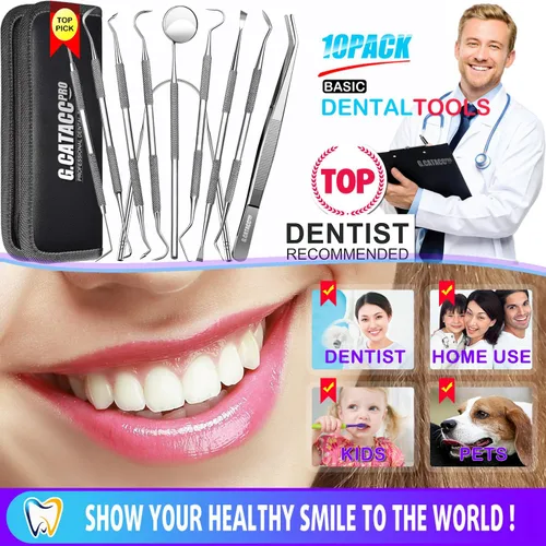 Vista 2 de G.CATACC Paquete de 10 herramientas dentales, removedor profesional de placa para limpieza de dientes, kit de higiene de acero inoxidable con púa