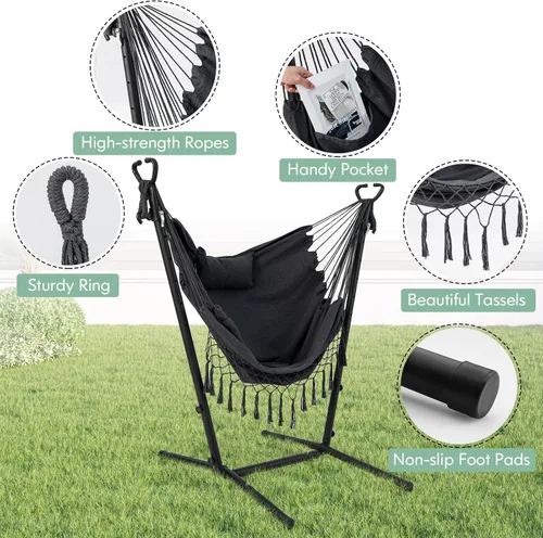 Vista 6 de Tangkula Silla hamaca con soporte, estilo bohemio macramé con soporte, soporte para teléfono celular, silla colgante ajustable en altura