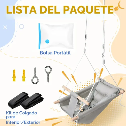 Vista 4 de Columpio para bebé interior y exterior, columpio de hamaca de lona para bebé a niño pequeño con un asiento cómodo, juguete de madera tipo macarrón