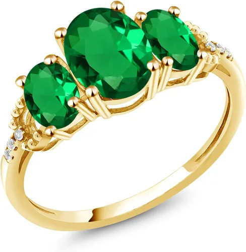 Gem Stone King Anillo de compromiso de oro amarillo de 10 quilates con esmeralda y diamante de imitación de 3 piedras 1.59 Cttw Anillo de promesa