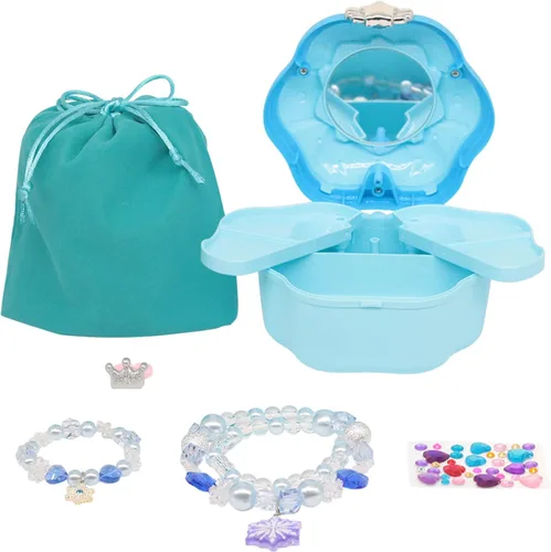 Vista 4 de Joyero musical para niños y niñas, conjunto de joyas de princesa, collar, pulsera, anillo de princesa, conjunto de regalo, azul