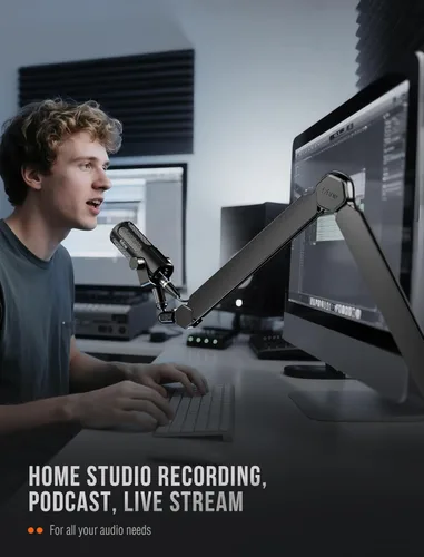 Vista 6 de FIFINE Soporte de brazo para micrófono, brazo de micrófono con abrazadera de escritorio, canales de cable, roscas de 3/8" a 5/8", soporte