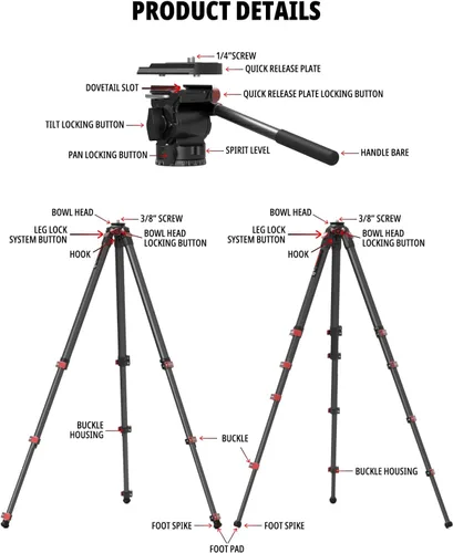 Vista 5 de IFOOTAGE Gazelle - Trípode de viaje TA3B con cabezal de fluido Komodo K3,62/62.0 in Kit de trípode de aleación de aluminio para cámara, teléfono