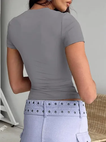 Vista 2 de Dwnval Camisetas básicas sexys para mujer, blusas de verano de manga corta con cuello redondo y ajuste entallado