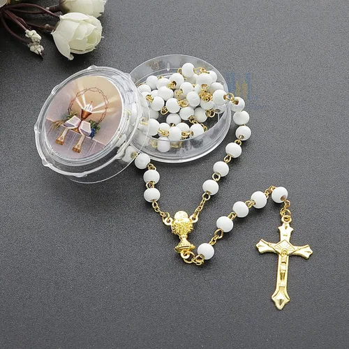 Vista 7 de 12 piezas de rosario de madera para primera comunión con bolsa de regalo, collar rosario de recuerdo para primera, cadena de oro para comunión, Metal
