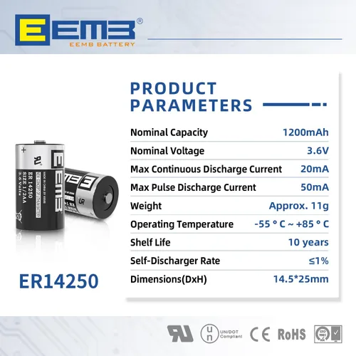 Vista 2 de EEMB 1/2 AA Tamaño 3.6V Baterías de litio ER14250 LS14250 3.6Volt 1200mAh Batería de un solo uso 4Pack