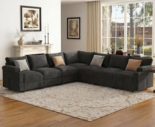 Vista 11 de Sofás seccionales para sala de estar, sofá modular de terciopelo certificado FSC, de gran tamaño, en forma de nube, sofá convertible en forma de U