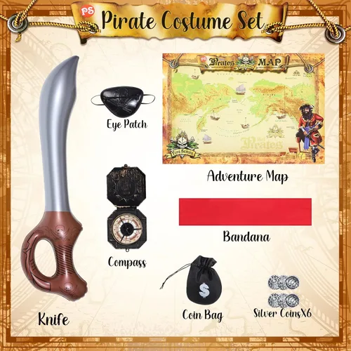 Vista 3 de Disfraz de pirata para niños, conjunto de disfraz de pirata, parche en los ojos, espada, brújula, monedero, mapa, accesorios de pirata para fiesta