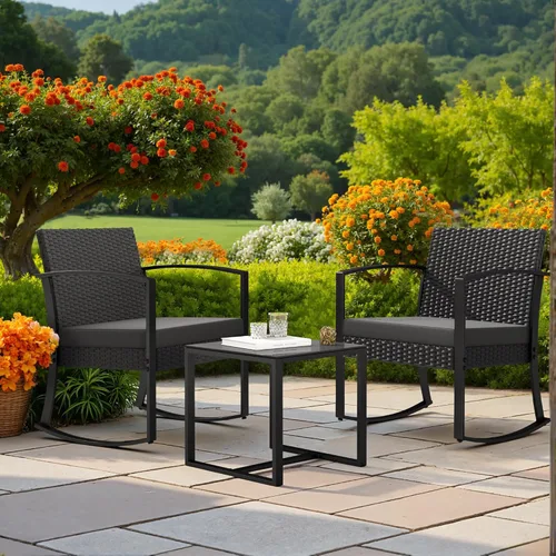 Vista 8 de JUMMICO Juego de 3 sillas mecedoras para patio al aire libre con mesa auxiliar y cojines para balcón, porche, bistró (gris)