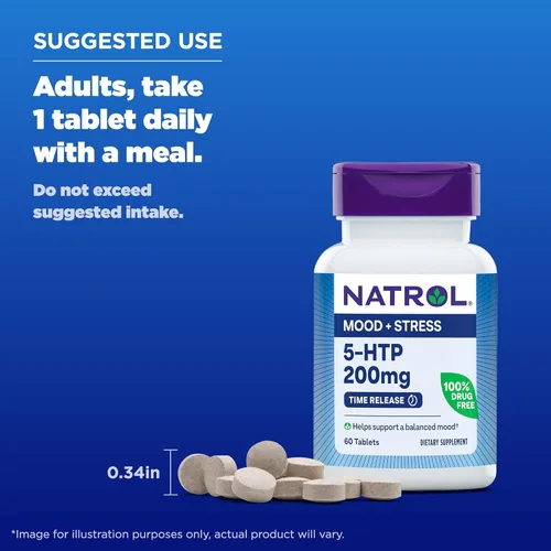 Vista 6 de Natrol Suplemento dietético 5-HTP de 200 mg para apoyar un estado de ánimo equilibrado, 60 tabletas de liberación prolongada, suministro para 60 días