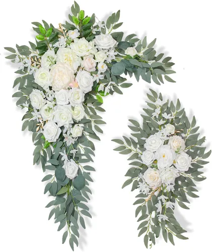 Vista 10 de Arco de Boda con Flores Artificiales, Juego de 2, Letrero de Bienvenida, Decoración Floral y Señales de Boda para Ceremonia, Mesa de Recepción