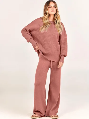 Vista 2 de ANRABESS Conjunto de 2 piezas para mujer, conjunto de suéter de gran tamaño y pantalones de pierna ancha, conjunto de descanso grueso para otoño