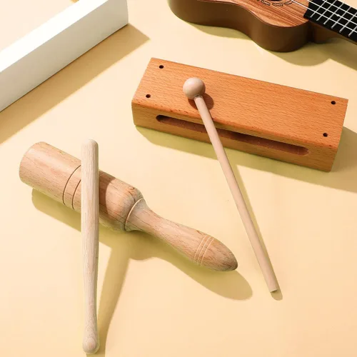 Vista 9 de Mikinona 2 Sets orff instrumento música lummi palos instrumentos de percusión bloque de madera con mazo madera bloques de percusión de mano bloques