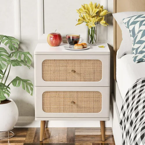 Vista 31 de LONYKE Cómoda de mimbre de ratán, cómoda de 3 cajones, gabinete de almacenamiento de madera con acabado blanco crema, mesa decorativa moderna