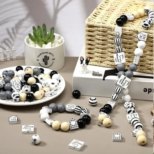 Vista 3 de Thyle 200 cuentas de madera de color blanco y negro con rayas de búfalo de 0.630 in y 0.787 in, cuentas de color sólido arqueadas para ventana