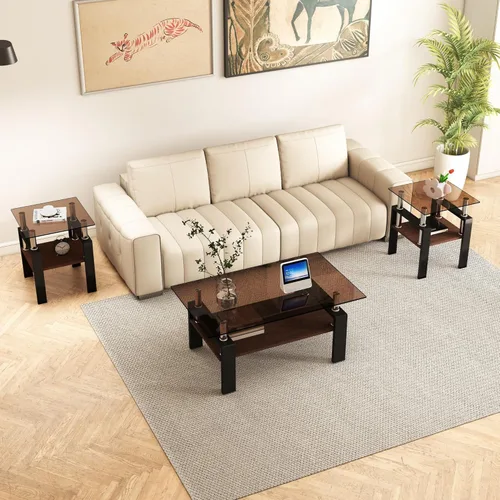 Vista 11 de Juego de 3 mesas auxiliares de cristal para sala de estar, mesa auxiliar de sofá con almacenamiento, patas de metal negro, mesa central rectangular