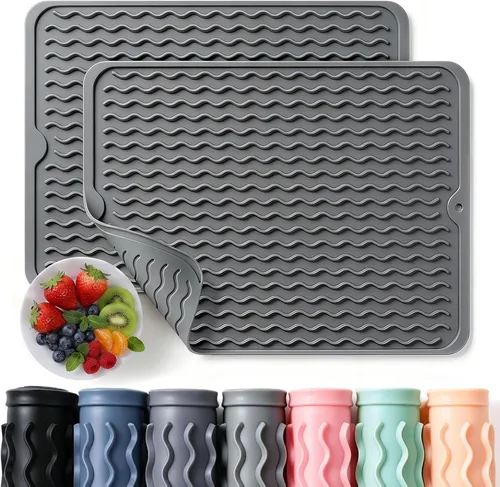 Caketime - Juego de 2 alfombrillas de silicona para secar platos para encimera de cocina, resistente al calor, debajo del fregadero, accesorios de