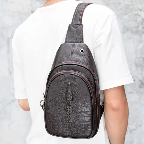 Vista 5 de Crocodile Leather Sling Bag with Leather Strap, 3 Zipper Crossbody Shoulder Bags for Travel Hike Everyday Carry