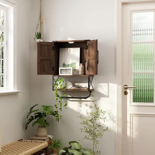 Vista 8 de RUSTOWN Botiquín rústico de granja con dos puertas de granero, armario de almacenamiento de madera montado en la pared con estante ajustable