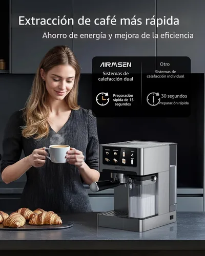 Vista 8 de AIRMSEN Máquina de café expreso de 20 bares con espumador automático de leche, cafetera de capuchino y latte con caldera doble de preparación rápida