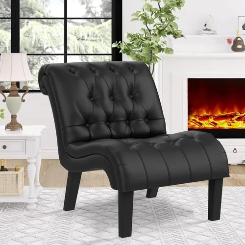 Vista 17 de Yongqiang Silla decorativa para dormitorio, sala de estar, moderna silla esquinera tapizada con botones y sin brazos con patas de madera