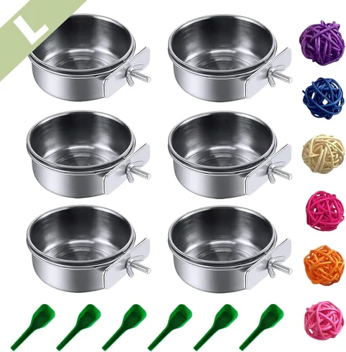 Vista 8 de PINVNBY Tazones de comida de acero inoxidable para pájaros, platos de alimentación de pájaros, cuenco de agua de loro con soporte de abrazadera