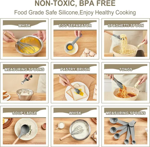 Vista 3 de Juego de utensilios de cocina - 34 piezas de utensilios de cocina de silicona antiadherentes con mango de madera, juego de herramientas de cocina