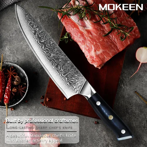 Vista 2 de Cuchillo de chef Damasco de 8 pulgadas, 67 capas VG-10 Super Steel Profesional, cuchillos de cocina ultra afilados con mango G10, triple remache