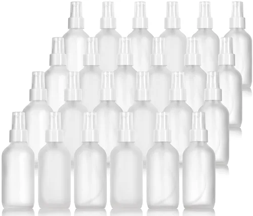 Vista 6 de JUVITUS Botella redonda Boston de vidrio transparente esmerilado de 4 onzas / 4.1 fl oz con bomba de tratamiento blanca, recipientes vacíos