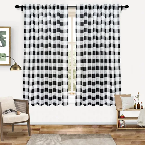 Vista 13 de DriftAway Cortinas semitraslúcidas a cuadros con bolsillo para barra, cortinas de granja a cuadros en blanco y negro para sala de estar, dormitorio
