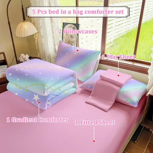 Vista 2 de Juego de ropa de cama arcoíris tamaño individual – Edredón reversible de 5 piezas para niñas con sábana de bolsillo profundo, diseño de galaxia
