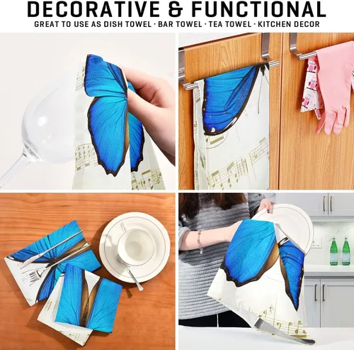 Vista 7 de Blue Butterfly Retro Musical Notes Kitchen Towels Set, 28x18 Inch Bulk Spring Towels Kitchen, Set of 4