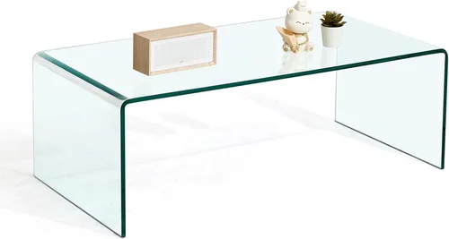 Mesa de café de vidrio SMARTIK, mesas de café modernas transparentes para sala de estar, pequeña mesa rectangular de vidrio templado en cascada para