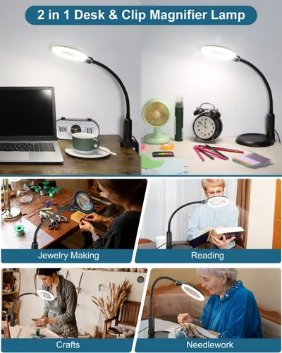 Vista 7 de Lupa de 10X con luz y soporte, LED con 5 modos de color, lupa iluminada con atenuación sin escalones de brillo, manos libres con lámpara