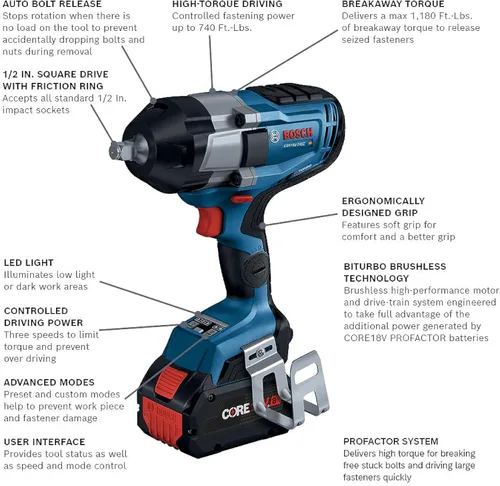 Vista 2 de BOSCH GDS18V-740CB14 PROFACTOR™ Kit de llaves de impacto conectadas de 1/2 pulgada de 18 V con anillo de fricción y (1) batería de alta potencia