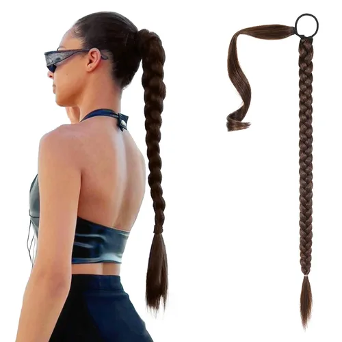 Vista 34 de SEIKEA Extensión de cola de caballo de trenza larga mejorada con lazo elástico, lacio, elegante extensiones de cabello trenzado envolvente