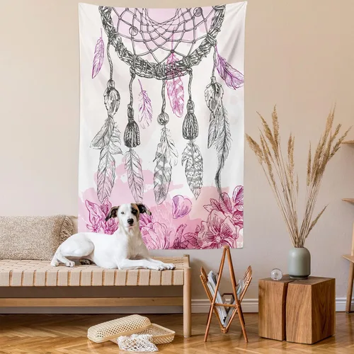 Vista 2 de Ambesonne Tapiz étnico, atrapasueños de estilo bohemio con ilustraciones de plumas y floretes, colgante de pared para dormitorio, sala de estar