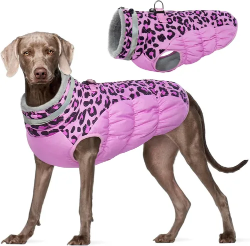 Vista 32 de FUAMEY - Abrigo para perro, chaqueta cálida de invierno, acolchada, de vellón, chaleco reflectante con arnés, chaqueta de nieve impermeable