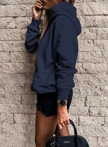 Vista 2 de SHEWIN - Sudadera casual con capucha de manga larga para mujer, ligera, color liso, holgada, con bolsillo