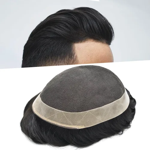 Vista 23 de Tupé para hombres, sistema de unidades de cabello humano real, encaje suizo suave, encaje frontal, tupé, piezas de cabello de repuesto natural