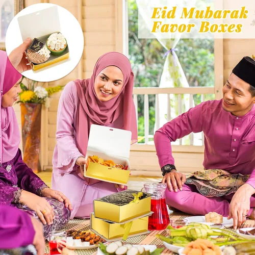 Vista 4 de Honoson 36 cajas de recuerdo de Ramadán Eid Mubarak de 4.5 x 3 pulgadas, cajas cuadradas de dulces Eid Al Fitr con cinta dorada para suministros