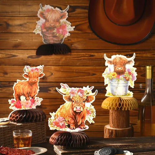 Vista 5 de Shappy 12 piezas de centros de mesa de nido de abeja para fiesta de vaca de las tierras altas, decoración floral de vaca de las tierras altas