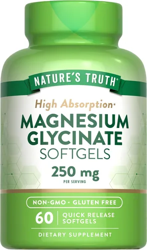 Nature's Truth Glicinato de magnesio 250mg | 60 cápsulas blandas | Alta absorción | Suplemento mineral sin OMG y sin gluten