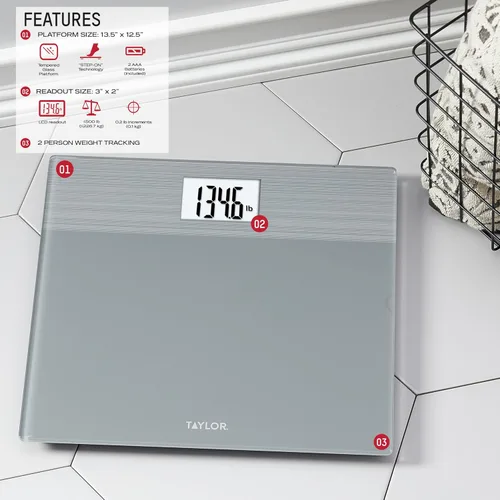 Vista 2 de Taylor Báscula digital de baño de plataforma ancha, báscula para peso corporal, pesadora, funciona con pilas, mide un peso de hasta 500 libras