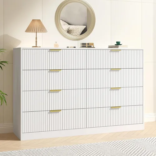 Vista 21 de Cómoda negra con 6 cajones profundos, cómoda acanalada de 55" de ancho para dormitorio con tirador dorado, cómoda moderna para armario, dormitorio