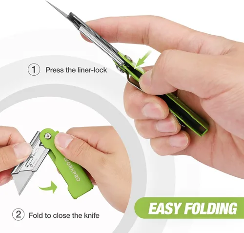 Vista 2 de WORKPRO Juego de 3 cuchillos plegables utilitarios, cortador de caja de cuchillas de cambio rápido, cuchillo de afeitar con clip para cinturón, 10