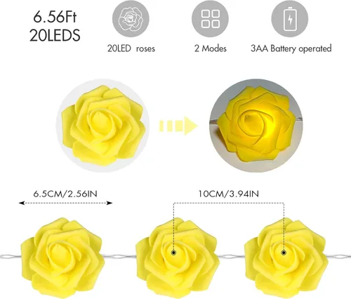 Vista 2 de VIPMOON Guirnalda de luces de rosas de 6.6 ft, 20 LED, funciona con pilas, luces románticas brillantes y cálidas, lámpara de hadas para el día