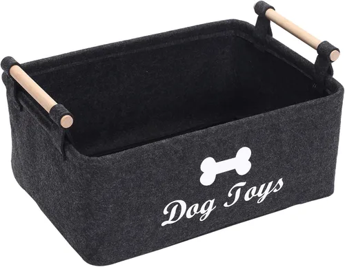Vista 10 de Geyecete Cesta plegable para juguetes para perros con mango de madera, gran contenedor de almacenamiento de suministros para mascotas gris oscuro