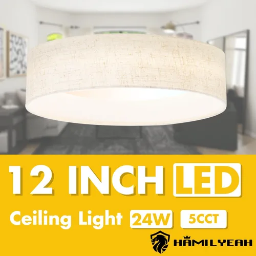 Vista 6 de Hamilyeah Lámpara de techo de montaje empotrado de 24W, lámpara de techo LED regulable con pantalla de tela beige de 5CCT, lámpara de techo