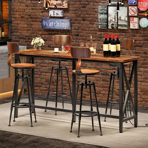 Vista 10 de CHOEZON Mesa de bar de 55 pulgadas, mesa de comedor de cocina con toma de corriente y reposapiés, estilo industrial, para pub, sala de estar, marrón